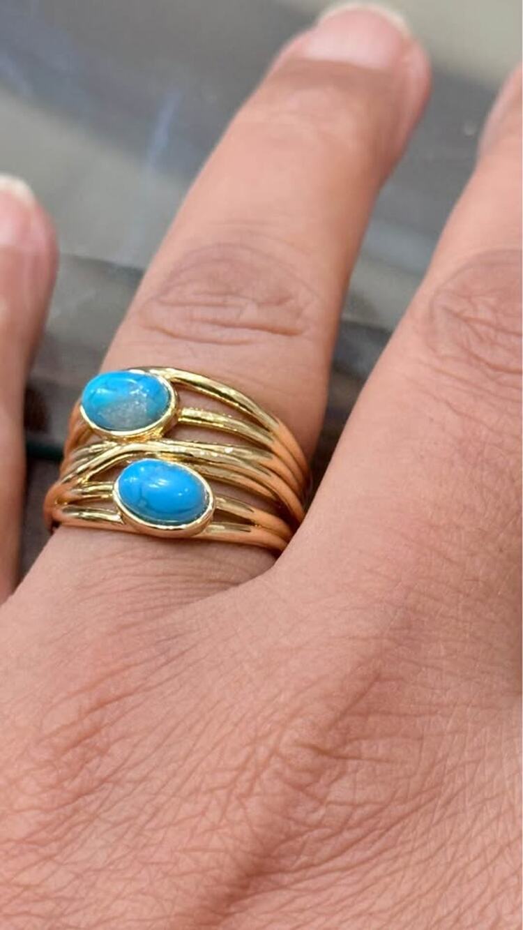Gold Tone Turquoise Double Stone Statement Ring – Size 7